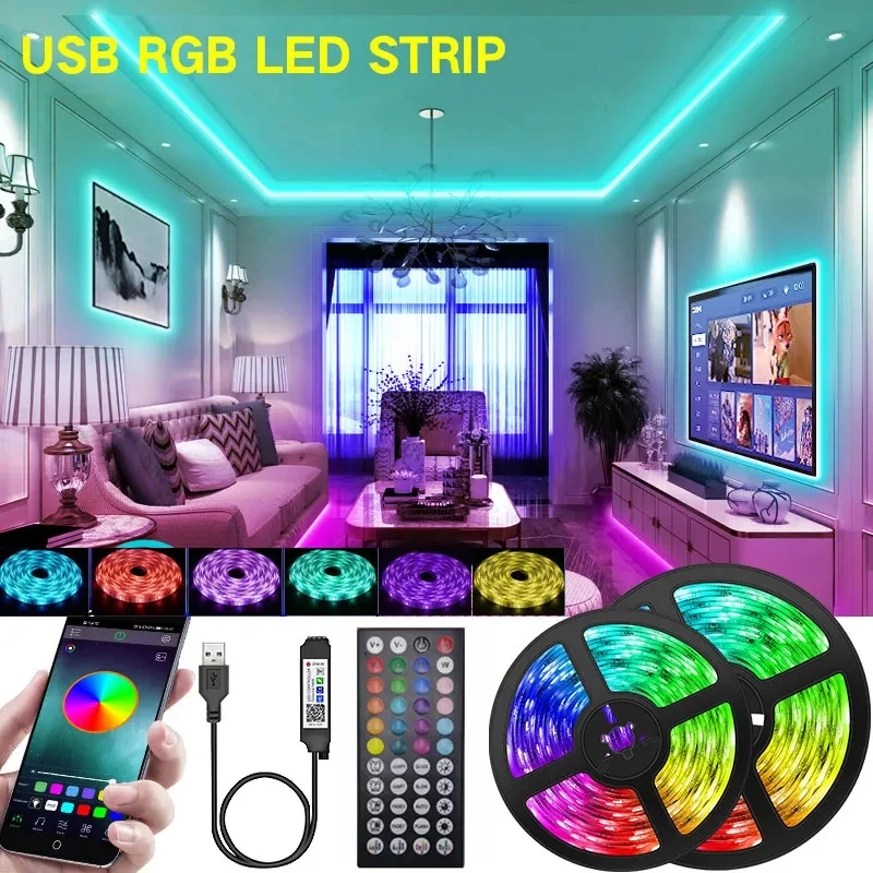 LED ľahká zástrčka 5V USB 5050 RGB LED pásik 15 metrov farebné deti do hernej miestnosti WiFi Bluetooth Diaľkové ovládanie reťazca