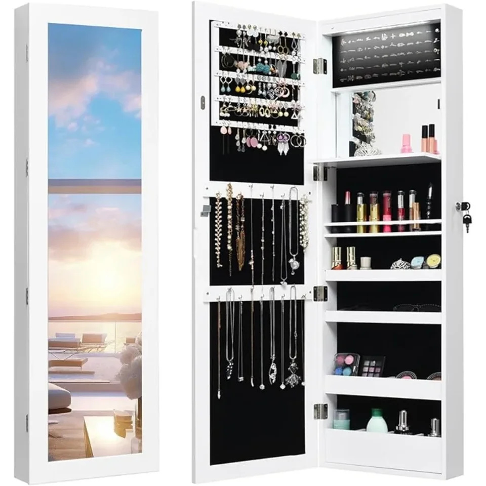 LED šperky skrinka na stenu namontované na dverách, uzamykateľné šperky Armoire s 47,2 '' so zrkadlom v plnej dĺžke, skladateľný make -up podnos