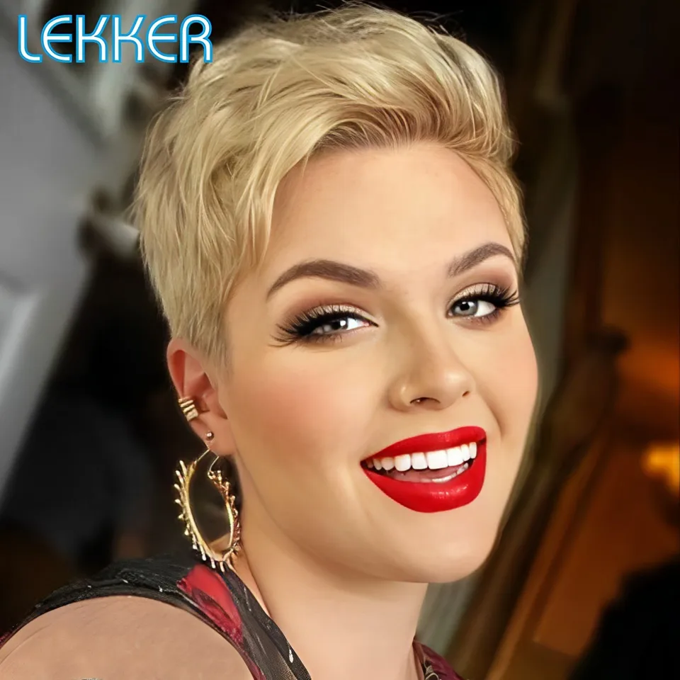 Lekker 613 Blonde Short Pixie Cut Bob 13x1 Lace Front Human Hair Parochne pre ženy brazílske remy vlasy klasické klzné chrbtové parochne
