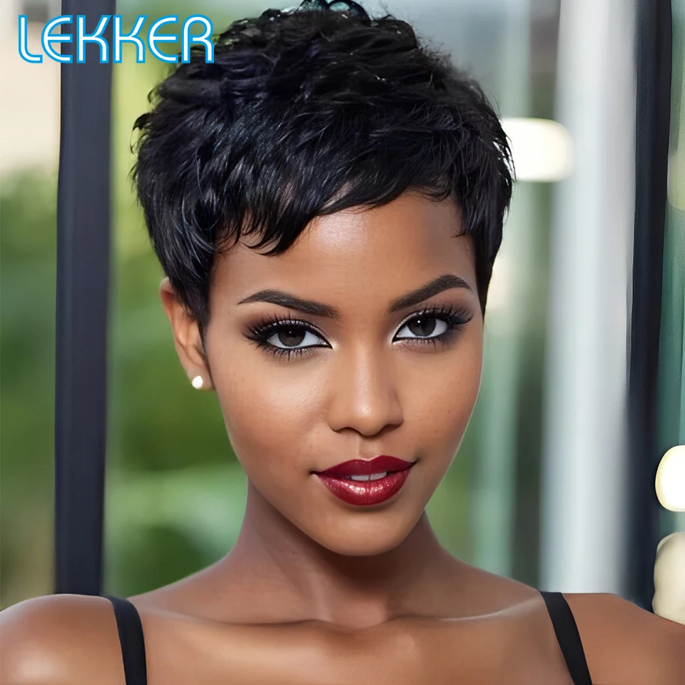 Lekker Short Pixie Cut 100% ľudské vlasové parochne pre ženy brazílske remy vlasy Prírodný tmavý stroj vyrobený denný bob parochň