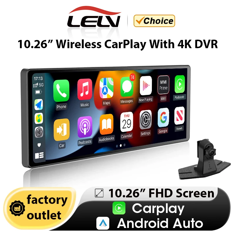 LELV Wireless CarPlay 10,26 palca inteligentný displej Android Auto Mirror Link aux FM 4K DVR a 1080p Camera BL5.0 Reverzná asistencia FHD FHD