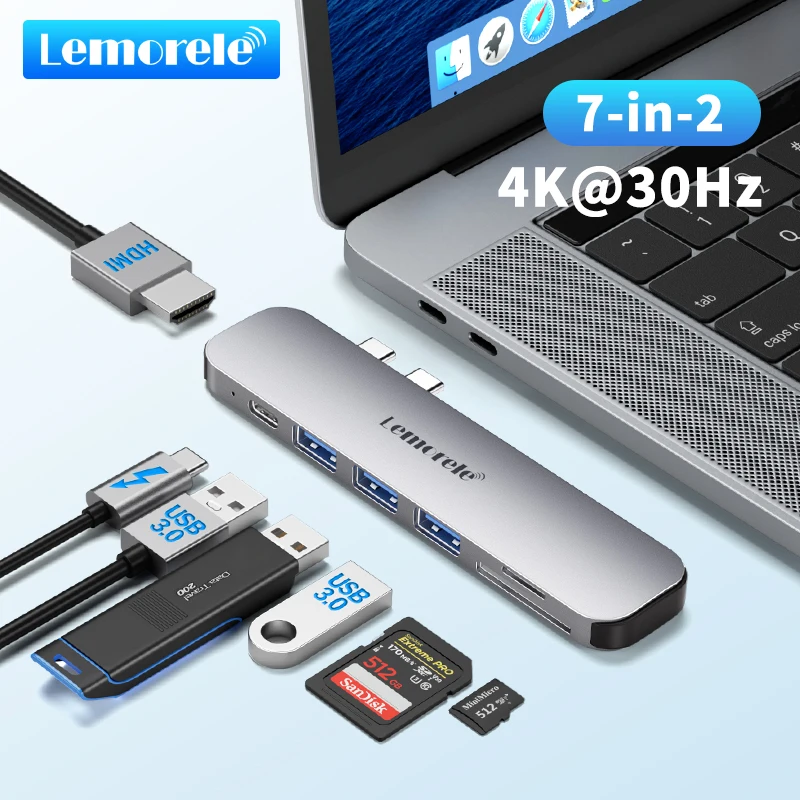 Lemorle Dual USB C Hub Thunderbolt 3 Dock so 4K HDMI Gigabit Ethernet RJ45 1000M TF/SD Reader PD 100W Adaptér pre MacBook Pro