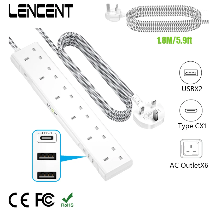 Lencent Power Strip so 6 striedavými zásuvkami 2 USB 1 Typ C Multi -Power Extension s 1,8 m spletený predlžovací kábel pre domácu kanceláriu