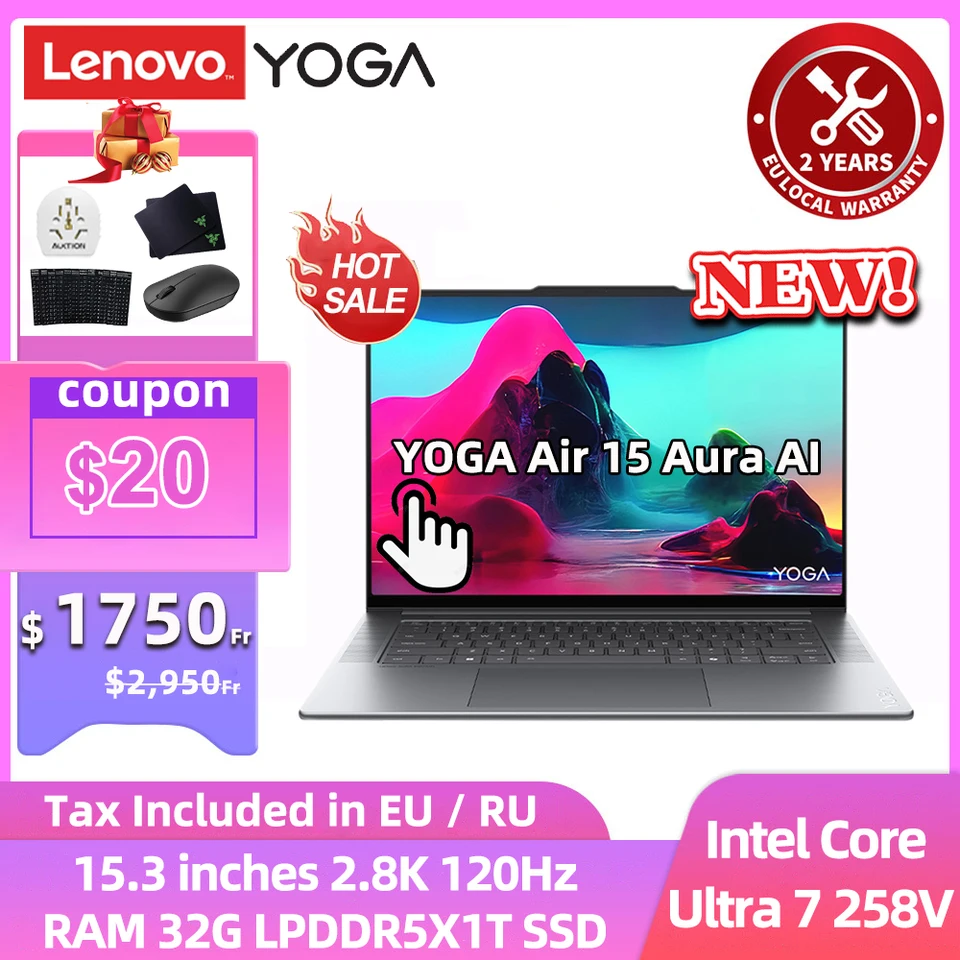 Lenovo prenosný počítač jóga Air 15 Aura AI Intel Core Ultra 7 258V RAM 32G LPDDR5X 1T SSD 15,3 palca 2,8K 120 Hz dotykový prenosný počítač PC