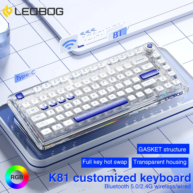 Leobog K81 Bluetooth Wireless Mechanical Keyboard 81 klávesy Hot Swapble RGB Tri režimy Tri režimy Klávesová štruktúra Acryl