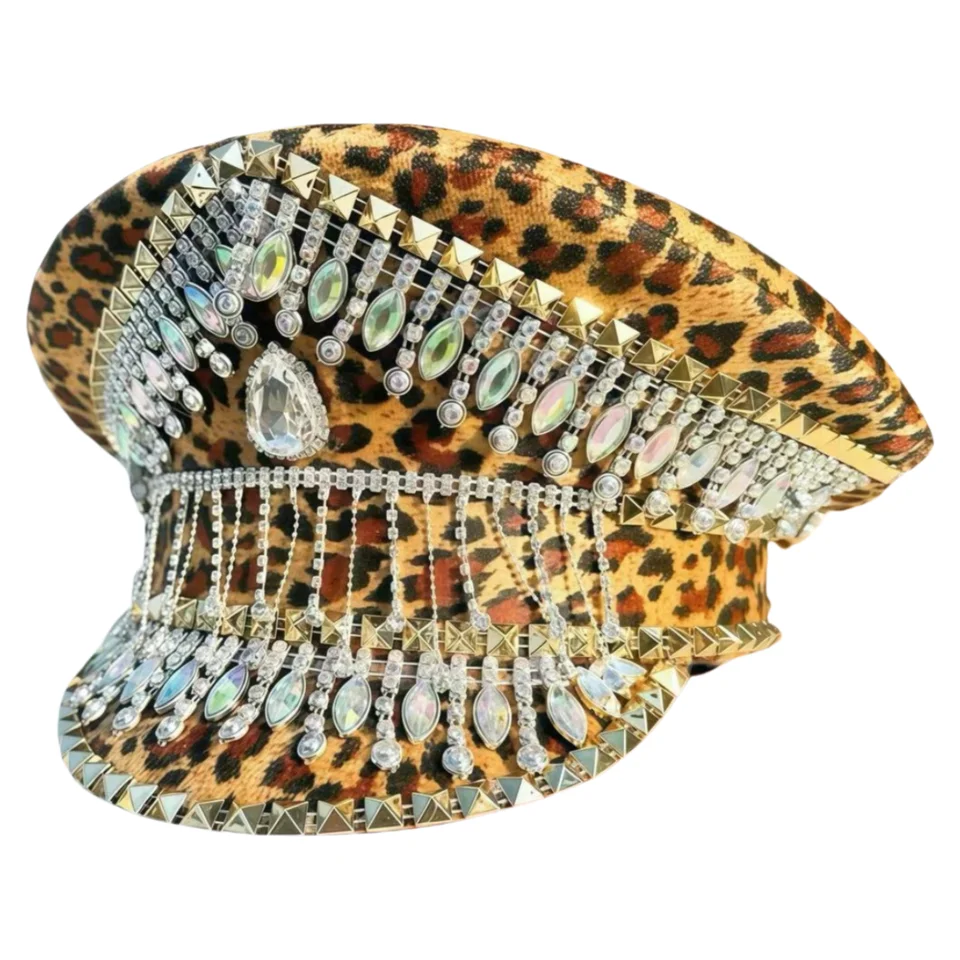 Leopard prívesok kamienok vojenská čiapka luxusná ručne vyrábaná maškaráda kapitán Hat cosplay hudobný festival unisex parná čiapka