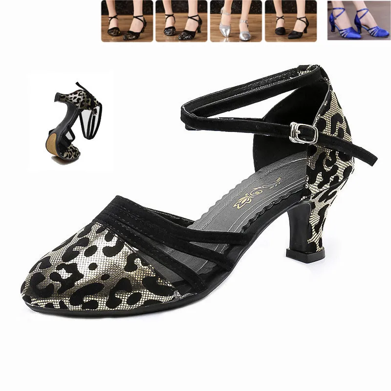 Leopard tlač zlatá strieborná čierna modrá latinská tanečná topánka Dámska zatvorená špička Salsa topánky Ballroom/Outdoor Dancing topánky nízke podpätka
