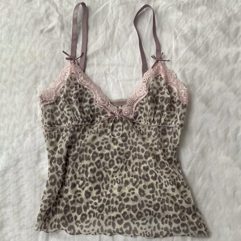 Leopard tlačené čipky podväzky Sexy móda Y2K Crop Tops Tops Streetwear Harajuku estetické retro luk dekorácie dochádzajúce ženy dochádzajúce