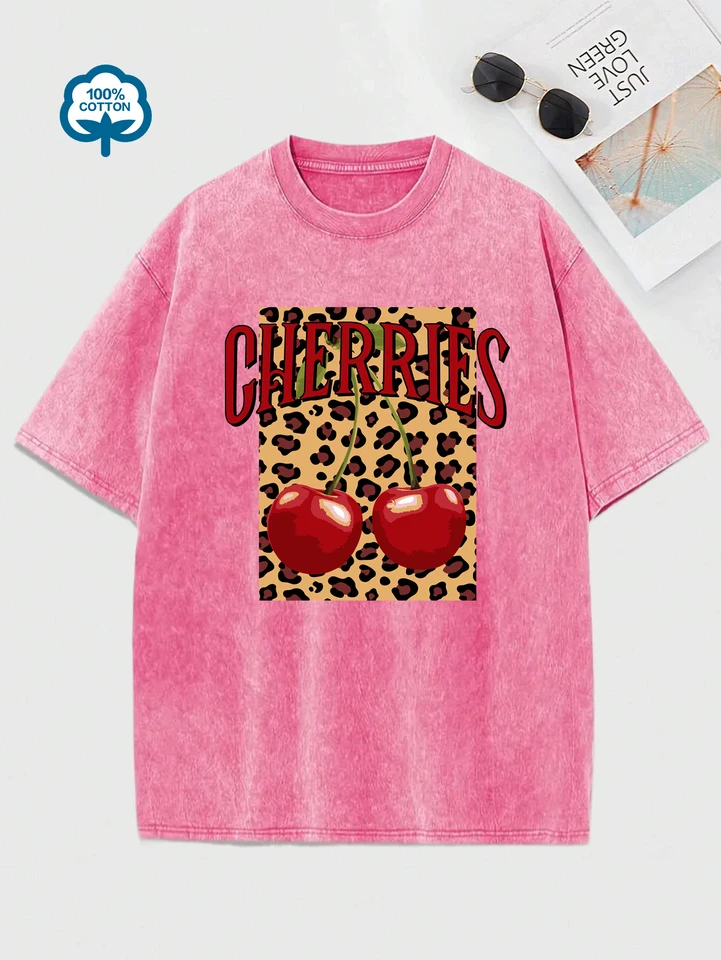 Leopard čerešňa kreatívna tlač Washed Dámske tričko letné letné tričká hip hop bavlnené tričko Top sneh umývanie uvoľnené streetwear