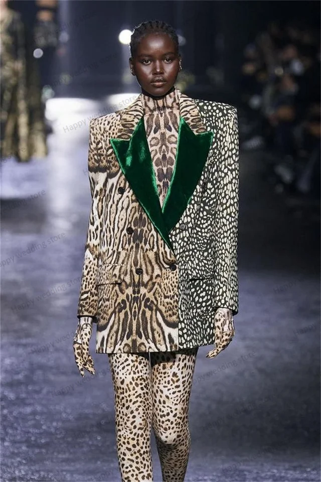 Leopardové zostrihovacie farby Elegantné ženy vyhovujú 1 kusom sako Zelený zamatový klop Prom Dress Jacket Double Breast Tailor vyrobený