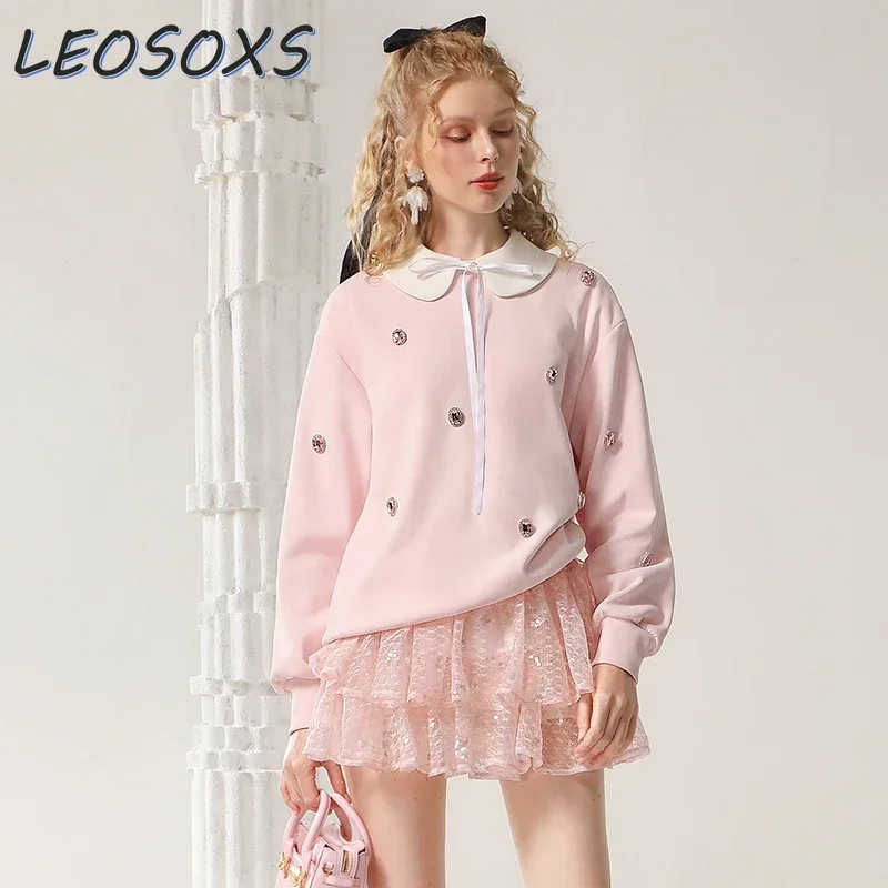 Leosoxs Designer Niche Pink Hoodie Dámska 2024 Nová jeseň sladký roztomilý obojok obojok ťažký priemysel Diamond Diamond voľná mikina