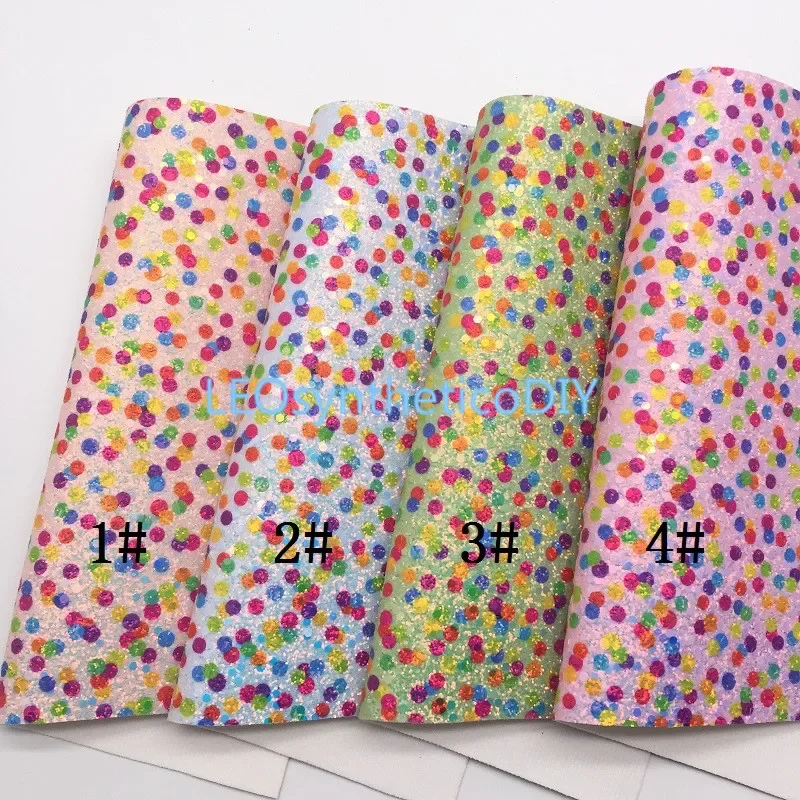 Leosyntheticodiy Rainbow Polka bodky robustné trblietavé kožené vinylové textilné listy s plstenou podporou pre luky DIY 21x29cm 6S46