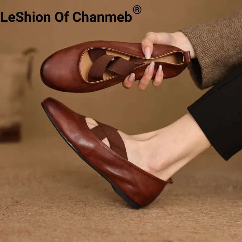 Leshion of Chanmeb Dámske prírodné kožené baletné topánky Červená elastická skupina Vintage Mary Jane Flats Brown Cozy Ballerinas Shoes Woman