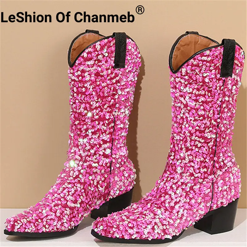 Leshion of Chanmeb Pink Gold Flitrované látkové kovbojské západné topánky Glitter Purple Blue Bling Bling Cowgirl Calf Boot Party Shoe 43