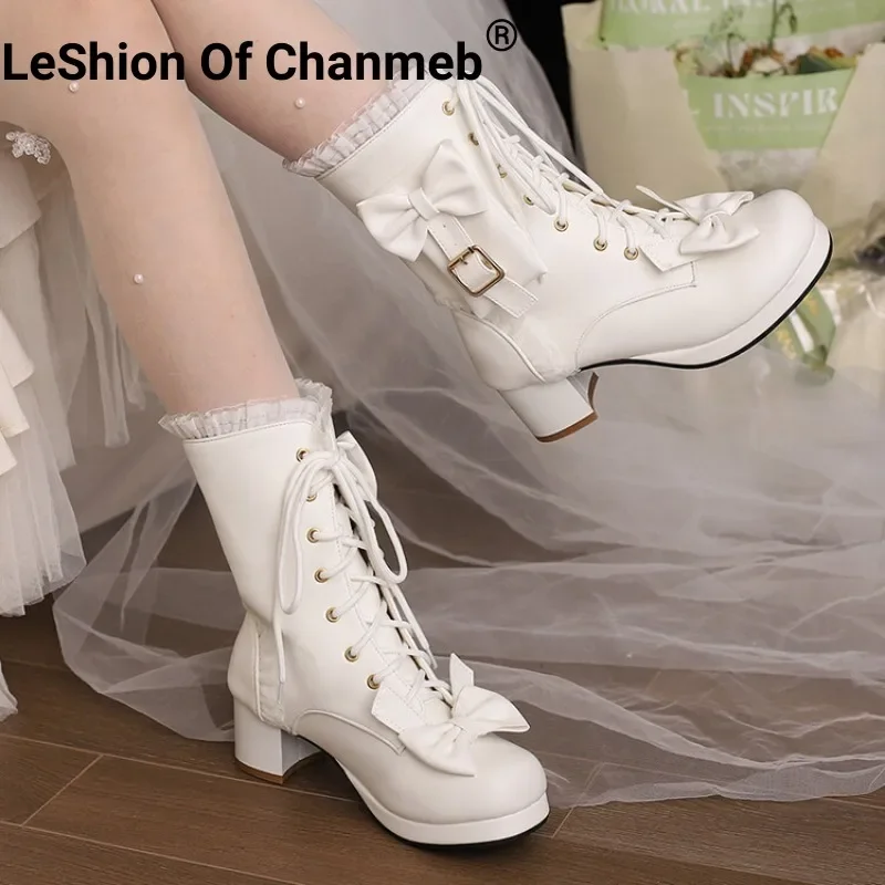 Leshion of Chanmeb Sweet Princess Cosplay topánky Ženy Biele ohraničený dvojitý luk, čižmy ružovej pracky Lace-up kawaii dámy topánky
