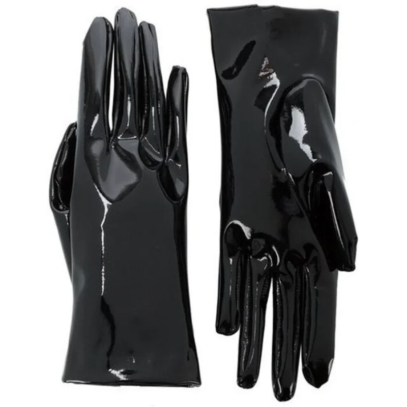 Lesk kožené faux patentské kožené zápästie krátke rukavice čierne cosplay gotické latex 21 cm lldllnt