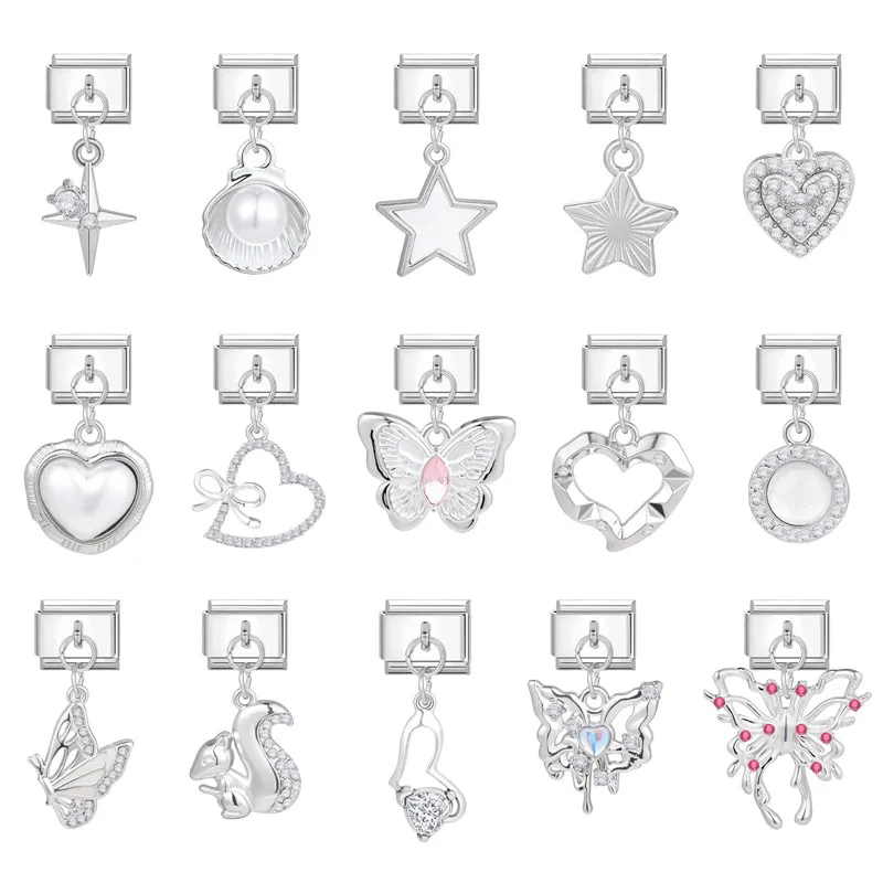 Lesklá hviezda Butterfly Heart Shell Cherry Zirkón prívesok Taliansky kúzlo Náramok z nehrdzavejúcej ocele Fit 9 mm šperky DIY výrobky