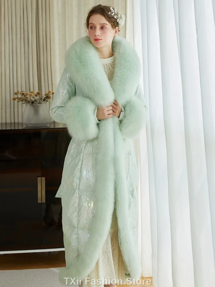 Lesklá zelená luxusná prírodná líška kožušina hrubý teplý kabát Nový 2023 Fox Fur Cuff