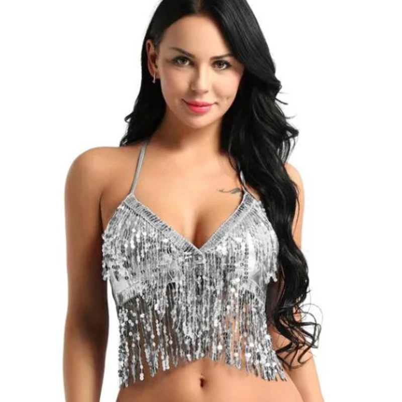 Lesklé flitre belly tanečný kostým nočný klub halter podprsenka flitry Performance outfits Club Party Festival Rave Dance Sexy plodiny Tops