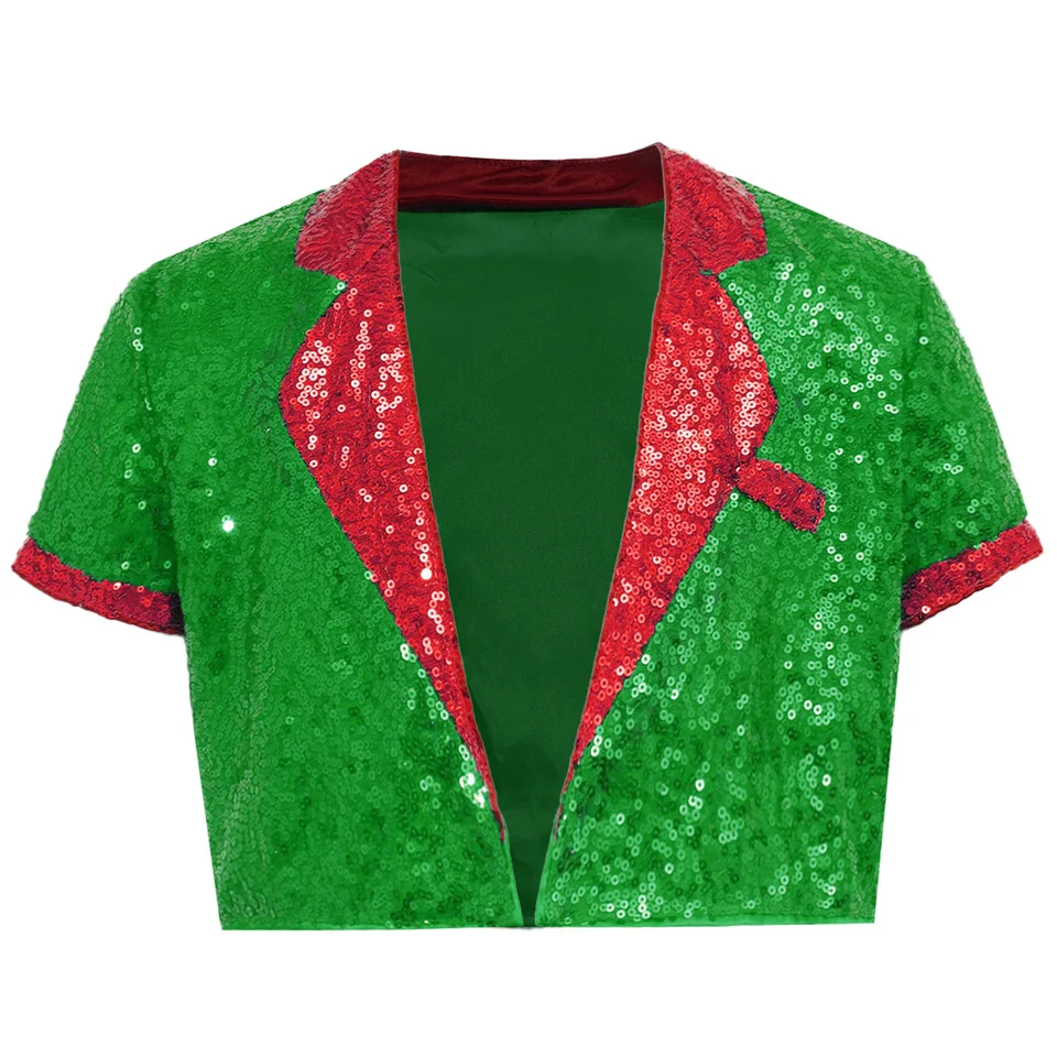 Lesklé flitry vesty Vianoce santa elf kabát latinský jazz disco tanečný plodina Top Holiday Stage Performance Party Cosplay kostým Cosplay