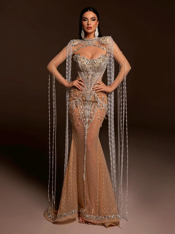 Lesklé korálky krištáľové plesové šaty Sexy ilúzia Mermaid Cocktail Chatses 2025 Luxusné strapce večerné šaty robe de mariée prispôsobené