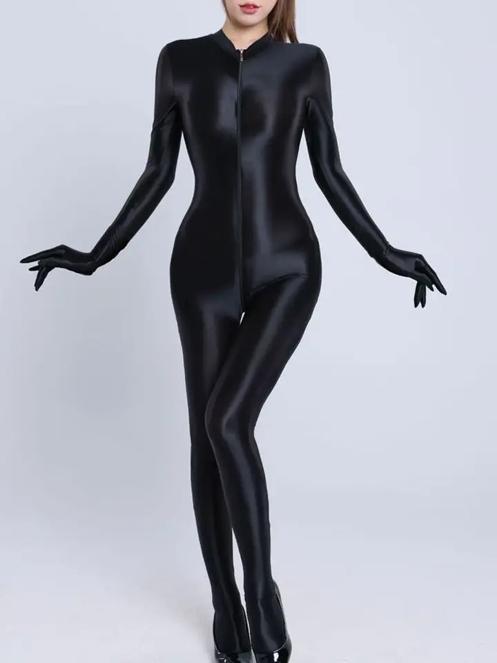 Lesklé samostatné prsty BodyStocking Catsuit Zip Open Crotch BodySuit Tažne