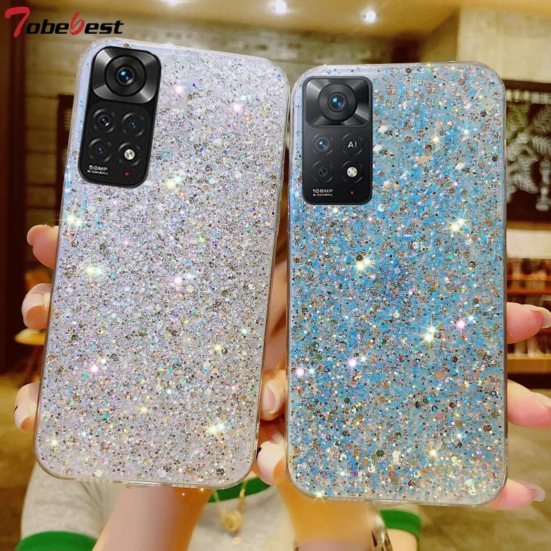 Lesklé trblietavé silikónové puzdro pre Xiaomi Redmi Poznámka 11 11S 10S 9 9S 9a 9c 8a Pro Gold Silver Foil Mäkký zadný kryt