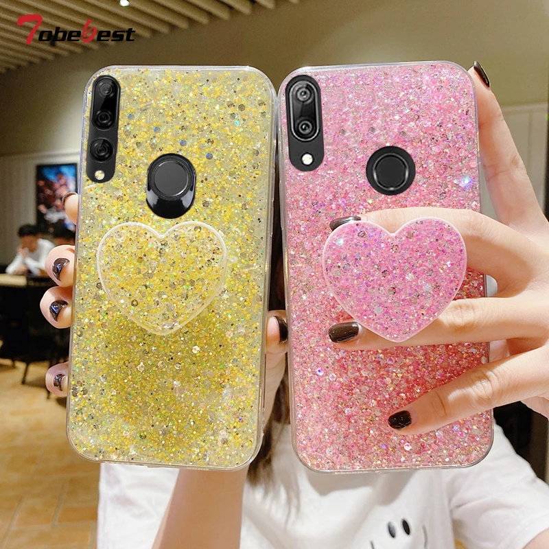 Lesklé trblietavé srdiečko Love Držiteľ telefónu pre huawei y9 Prime Y7 Y6 2019 Coque Soft Silikone Cover