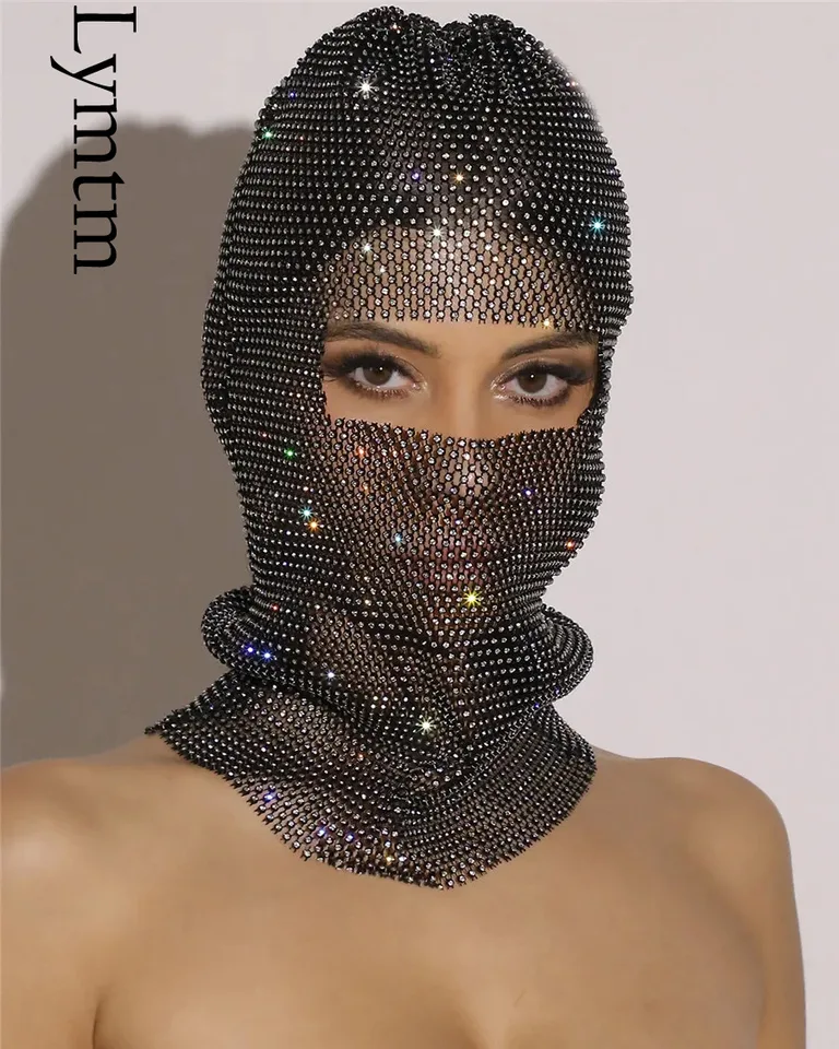 Lesklý kamienok s kameňom Balaclava Hat Turban pre ženy dutiny out out rybár siete Diamonds Headhood Rave Festival Head Mask Headwrap
