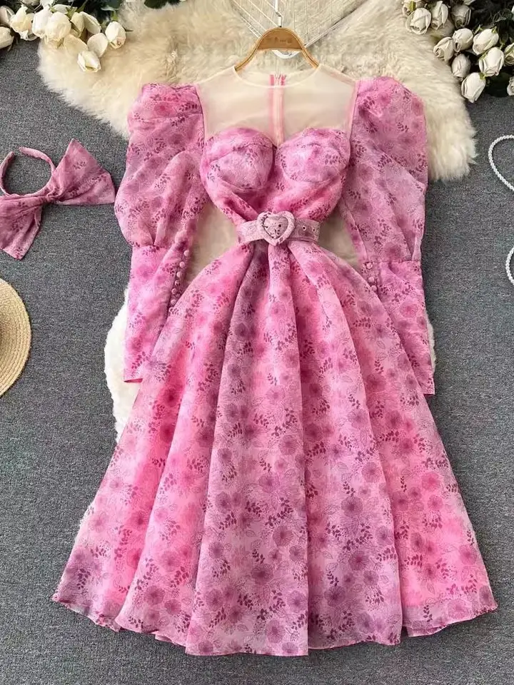 Lesklý organza ružový kvetina tlač dlhý obrus pre rukávy, narodeninové oslavy šaty sladké dievčatá pohár čalúnené milostné opasky Hairband prom Vestidos