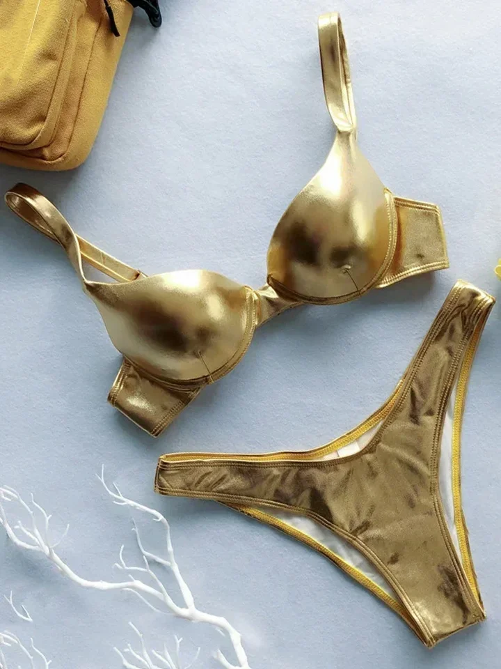 Lesklý push Up Pu faux kožené bikiny Ženské plavky Ženy plavky Dva kusy bikiny súpravy s podprsenkou BRATH BATHRE PAPEL SUIR SWIWN
