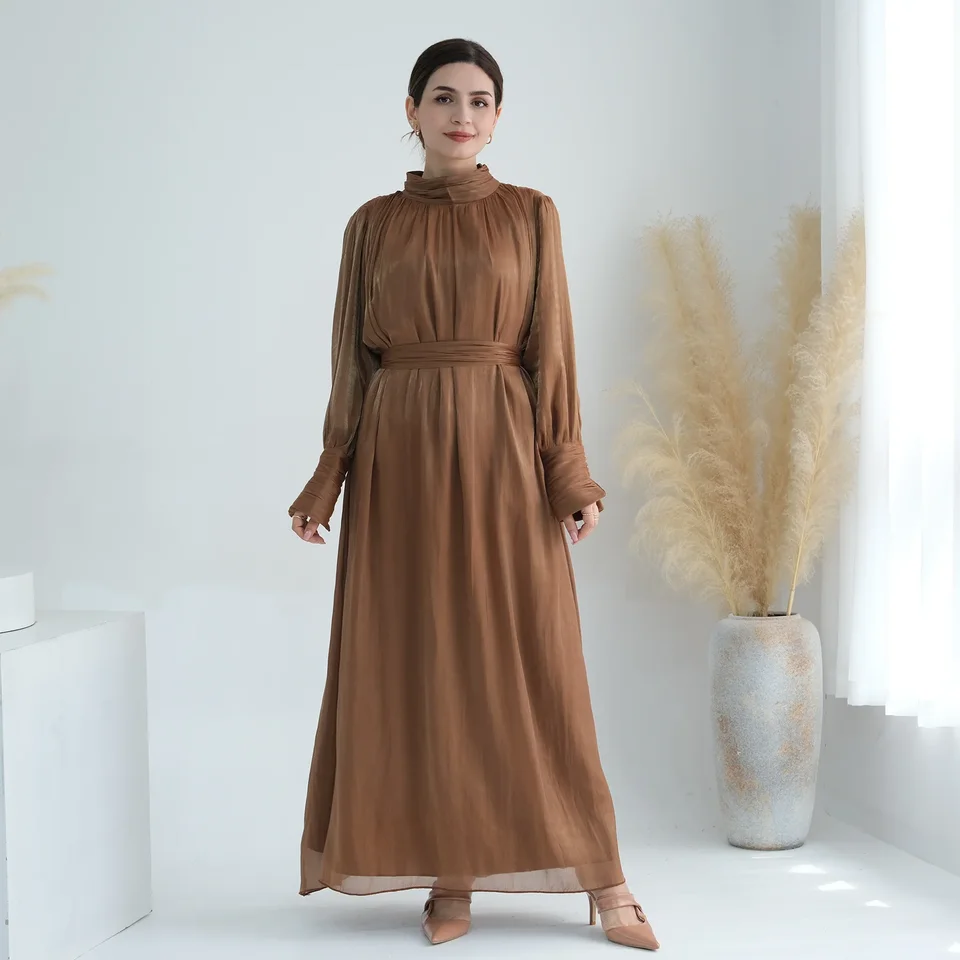 Lesklý saténový abaya Ženy moslim dlhé maxi šaty morčacie dubaj kaftan eid strana arabský rúž na šnurovanie Up Islam Vestidos jalabiya caftan