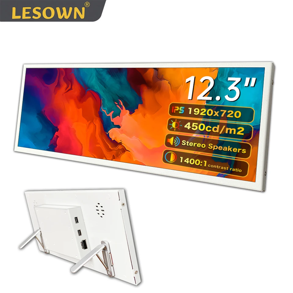 LESOWN na roztiahnutie 12,3 palca biely monitor 1920x720 IPS USB C HDMI-kompatibilný dotykový displej s dotykovým displejom pre Raspberry PI
