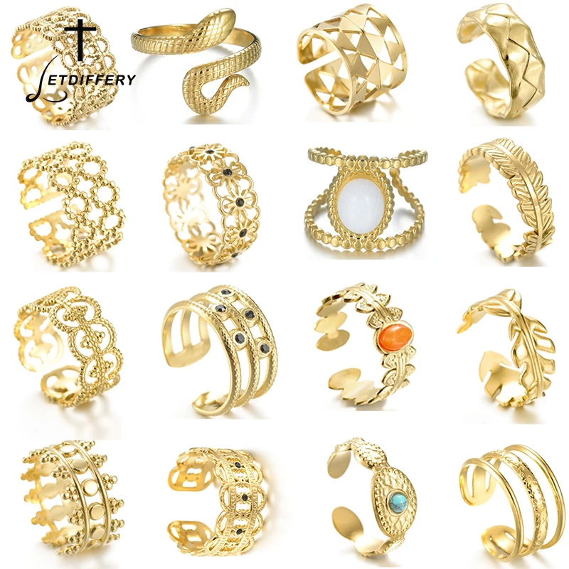 LetDiffery Český vysoko kvalitný zlatá z nehrdzavejúcej ocele Ženy Rings Vintage Nastaviteľná veľkosť módne geometrické otvorené prstene šperky