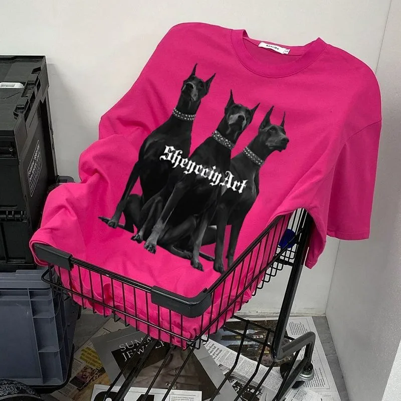 Letná bavlna American Retro High Street Loose Casy Casy Vestrabile Doberman Vytlačte tričko s krátkym rukávom INS