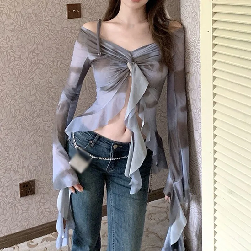 Letná blúzka Ženy s dlhým rukávom Top srp na krk tuniku Tunkary košele camisas mesh kravata