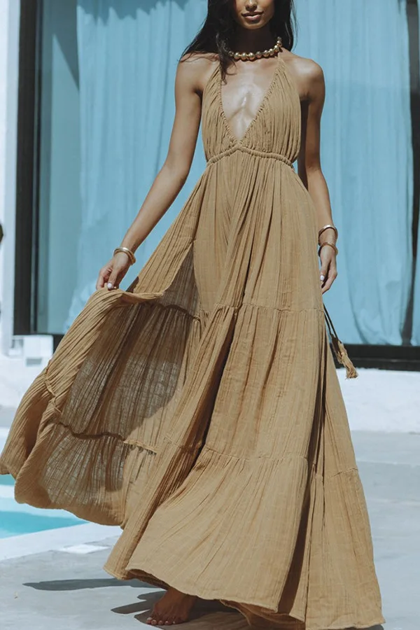Letná dovolenka Halter krk šaty Ženy pevná farba sexy hlboký krk backless štrbina dlhé šaty módny trend plážový odev Vestidos