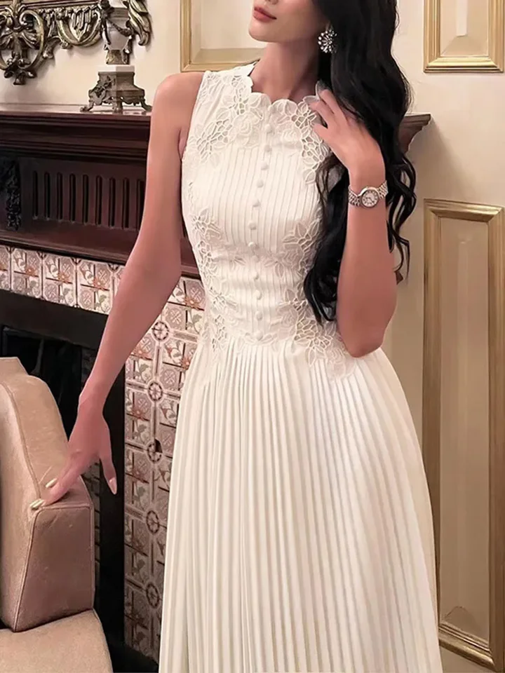 Letná dráha módna výšivka skladané šaty Ženy bez rukávov háčkovanie kvetiny dutiny vyšívanie bielych plesových večierkov Vestidos