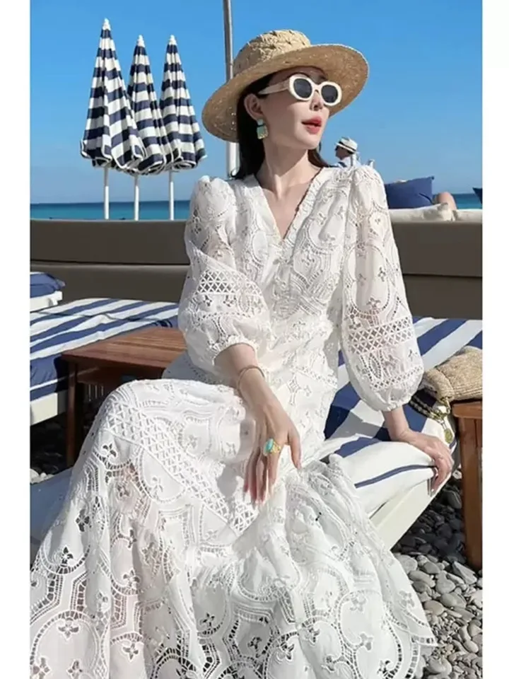 Letná jesenná dovolenka Elegantná výšivka biela čipka Party Svadobné dlhé šaty Dámske rukávy Formálne príležitosti večerné Vestidos