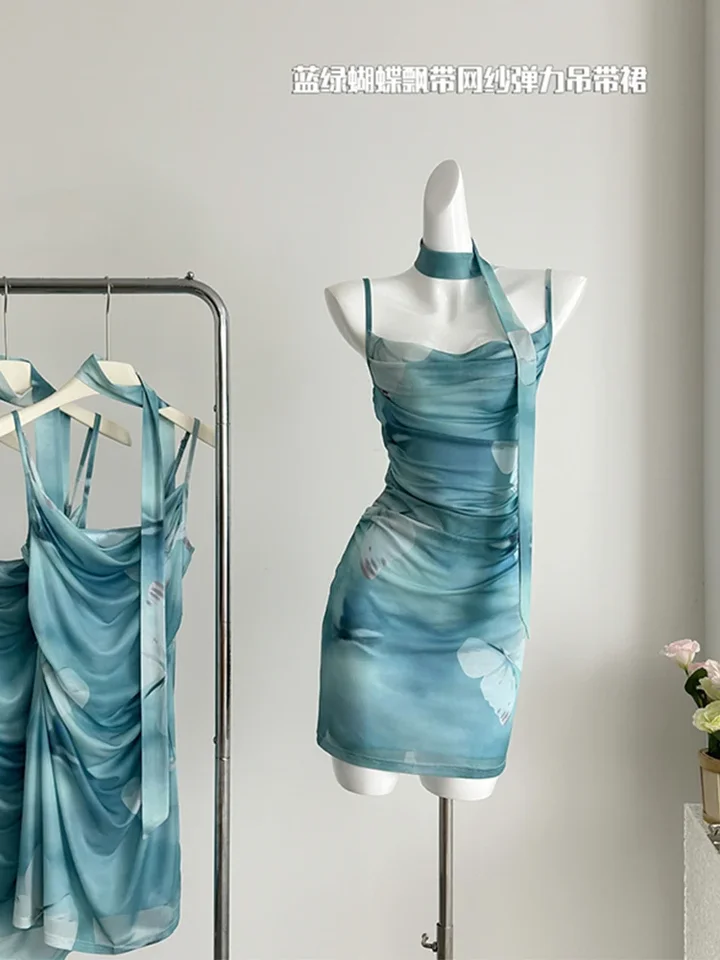 Letná koketa mini kravata farbivo sieťové motýľ špagety remienok šaty dámske frock frock Party 2000. rokov estetické jednodielne francúzske nové francúzske nové