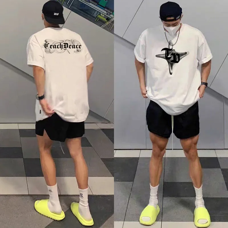 Letná móda ťažká váha retro mužské anglické listy 100% bavlna tlačené okrúhly krk vysokokvalitné príležitostné fitness pouličné tričko