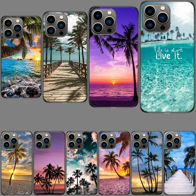 Letná plážová scéna pri západe slnka na mori Palm Tree Pase pre Apple iPhone 15+ 14 Plus Fundas 16 Pro Max Capa 12 13 Mini Coque 11