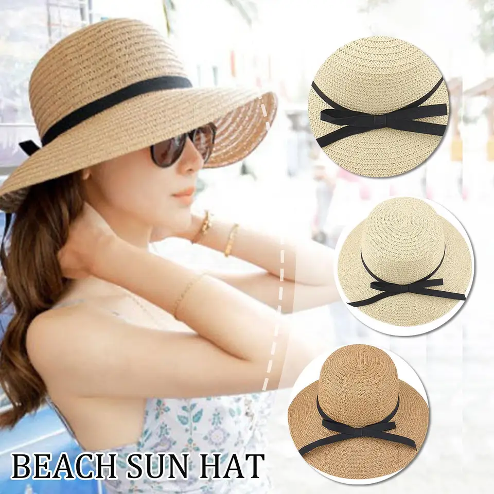 Letná slama klobúk Veľký široký okrajový skladací plážový slnečný klobúk Slamno Floppy Sun Block UV ochrana Hat Dámy vonkajšie cestovný klobúk slamy
