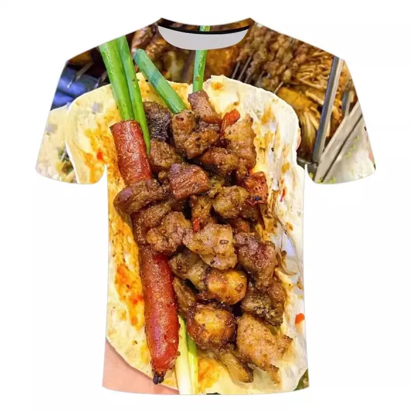 Letné 3D jedlo Barbecue Pánske a dámske módne móda Harajuku Street Clothing krátke rukávy Príležitostné voľné športové športové priedušné tričko