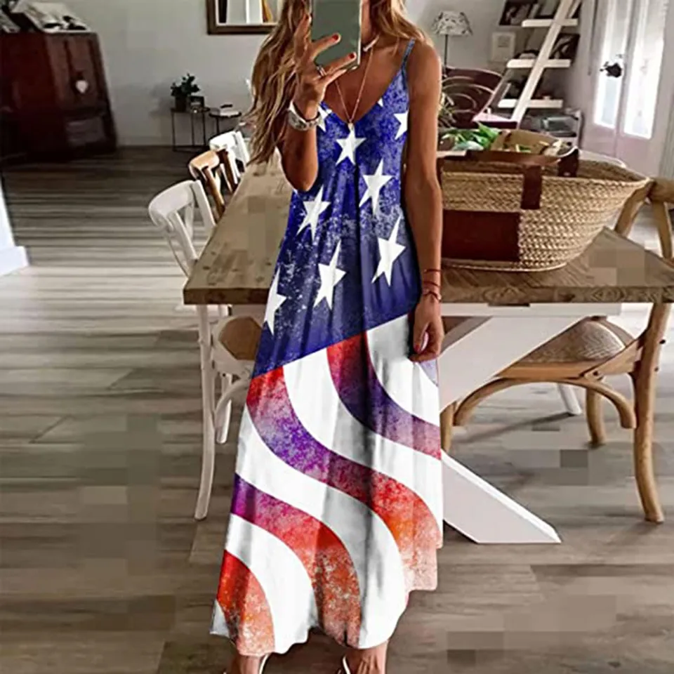 Letné boho maxi dlhé šaty Ženy American 4. júla tlačené šaty bez rukávov v obojku dlhé šaty maxi swing dlhé šaty