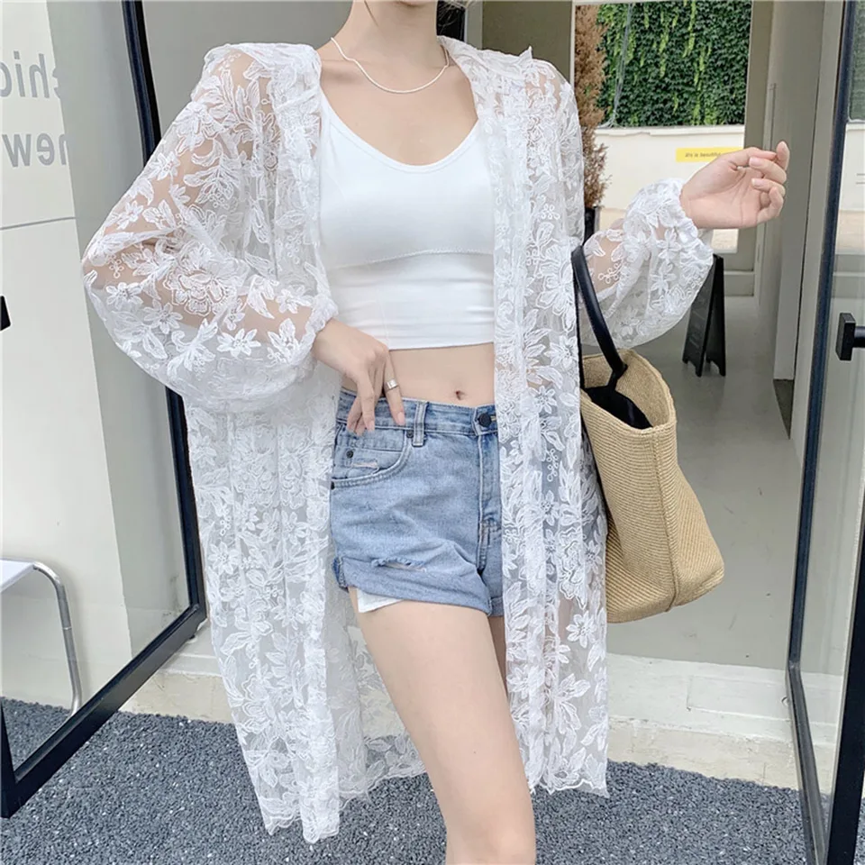 Letné boho sexy pozri sa cez dlhý rukáv s kapucňou kardigan kórejský čipk