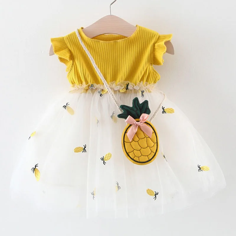 Letné deti dievčatká sieťová princezná šaty Patchwork Tulle Tutu Detské šaty bez rukávov+klobúk Pineapple Dizajn roztomilé detské oblečenie A461