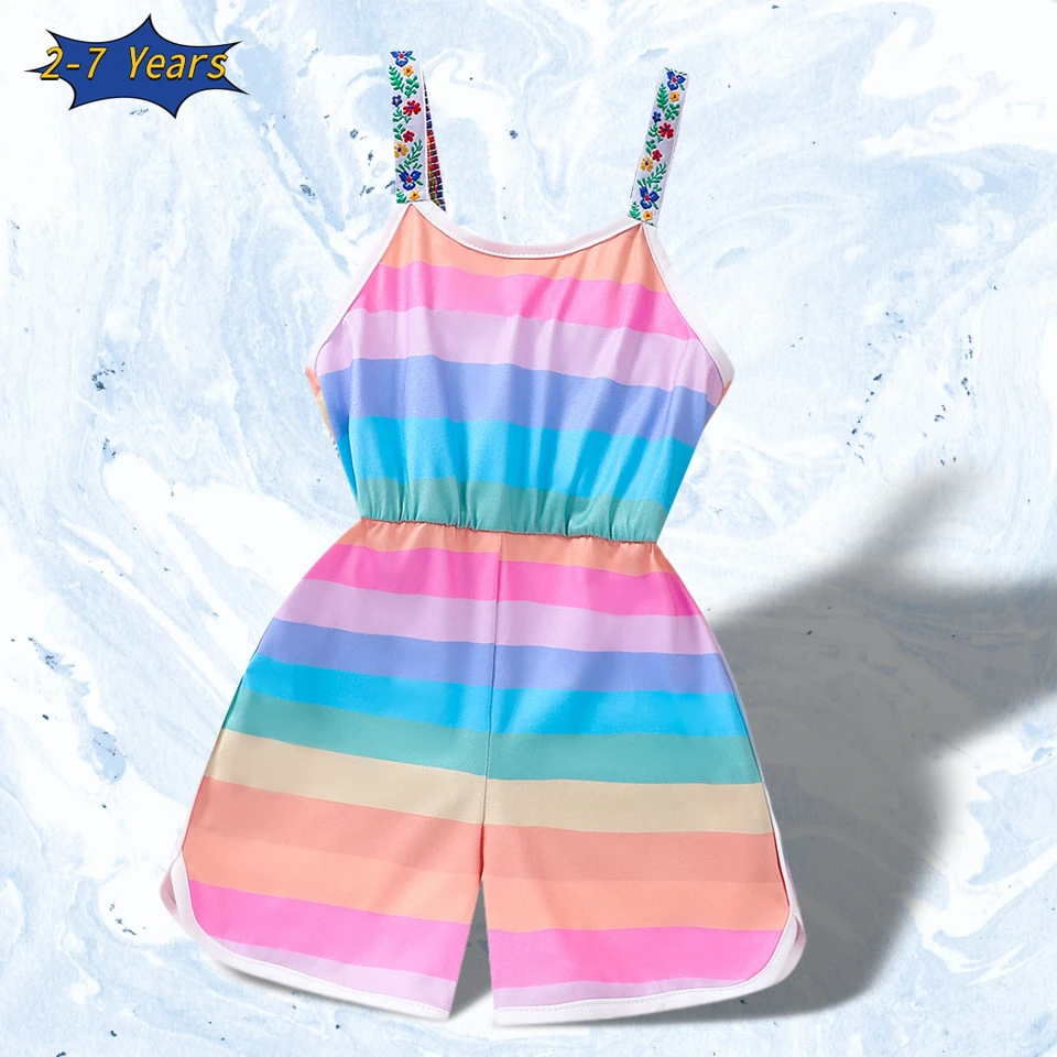Letné deti dievčatá BodySuit bez rukávov Rainbow Colorful Children Kucksuit Clothing pre deti výšivky kvety dievčatá Romper Casual