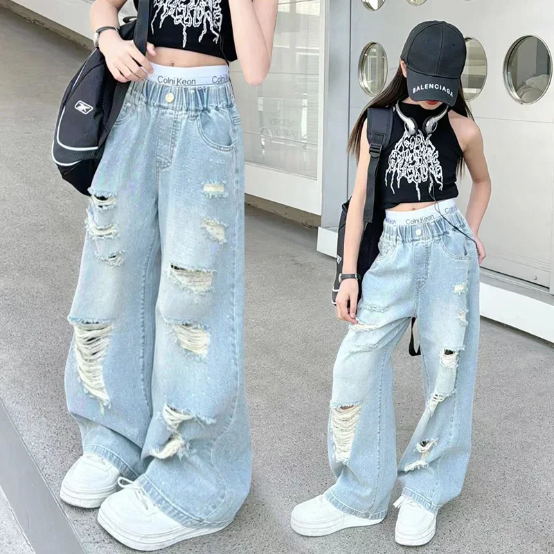 Letné dospievajúce girsl džínsy módy módne džínsové džínsové nohavice Pantalon fille 13 ans detské nohavice s veľkou dierou roztrhané