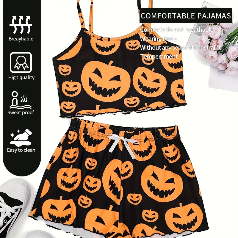 Letné dvojdielne zábavné tekvicové potlač Camisole Top a šortky Dámske okrúhle krk Vytlačené domáce pyžama set